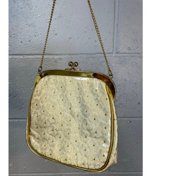 Vintage 1960s Floral Brocade Handbag Plastic Covered Kiss Lock Clasp Small Bag - Picture 8 of 10